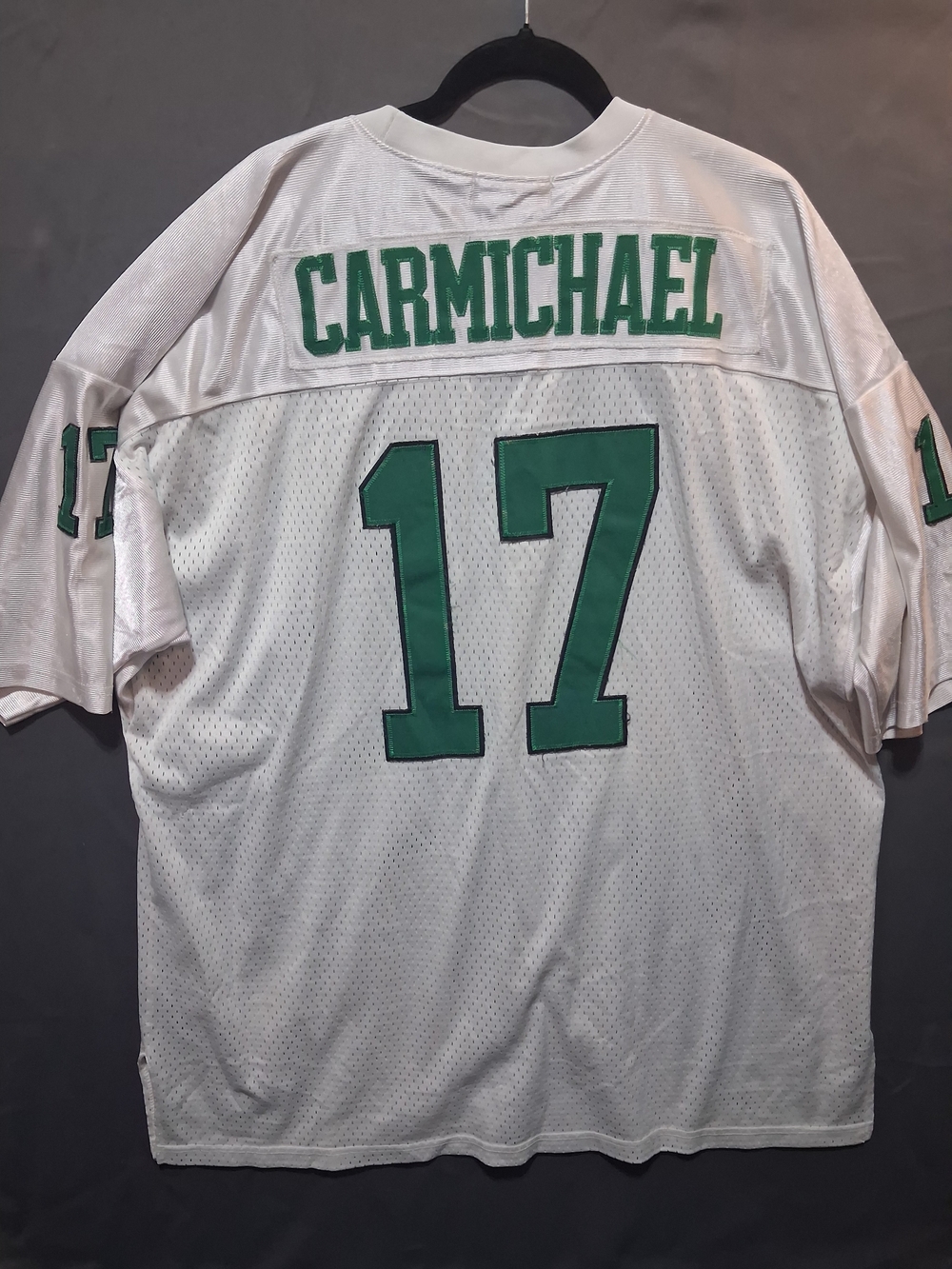 CO White Football Jersey with Green Number 17 - Carmichael Back